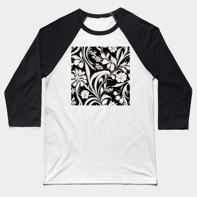 Black and White Vintage Floral Cottagecore Gothic Romantic Flower Peony Rose Leaf Design Baseball T-Shirt by VintageFlorals